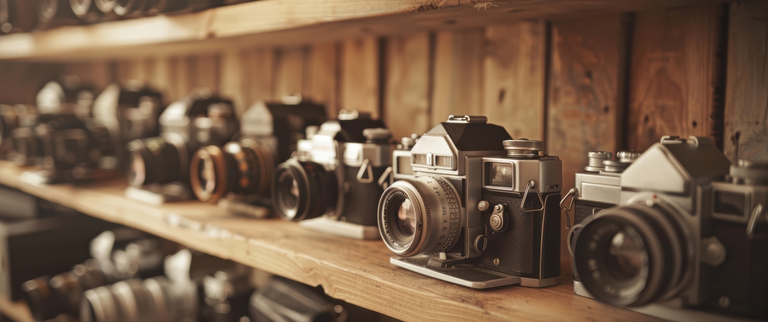Vintage cameras on a wooden shelf, with warm lighting, vintage, sepia tones, high-resolution photo